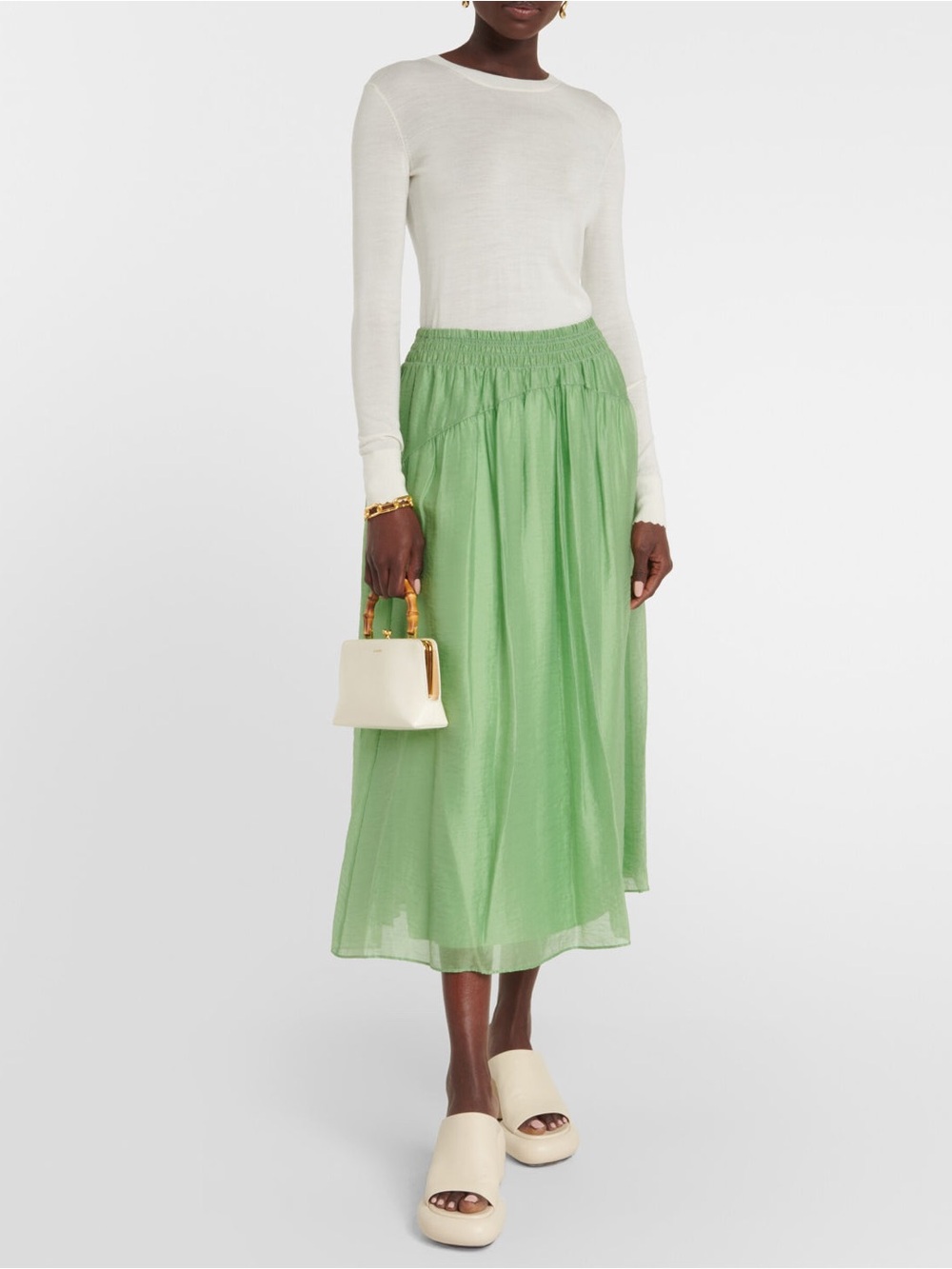 Vince Sprout Green Smocked Waist Gathered Midi Skirt S